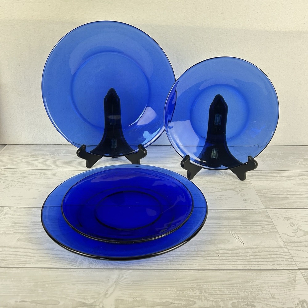 Vintage Cobalt Blue Glass 2 -Salad Plates 7 3/4" & 2 Dinner Plates 9 3/4" READ